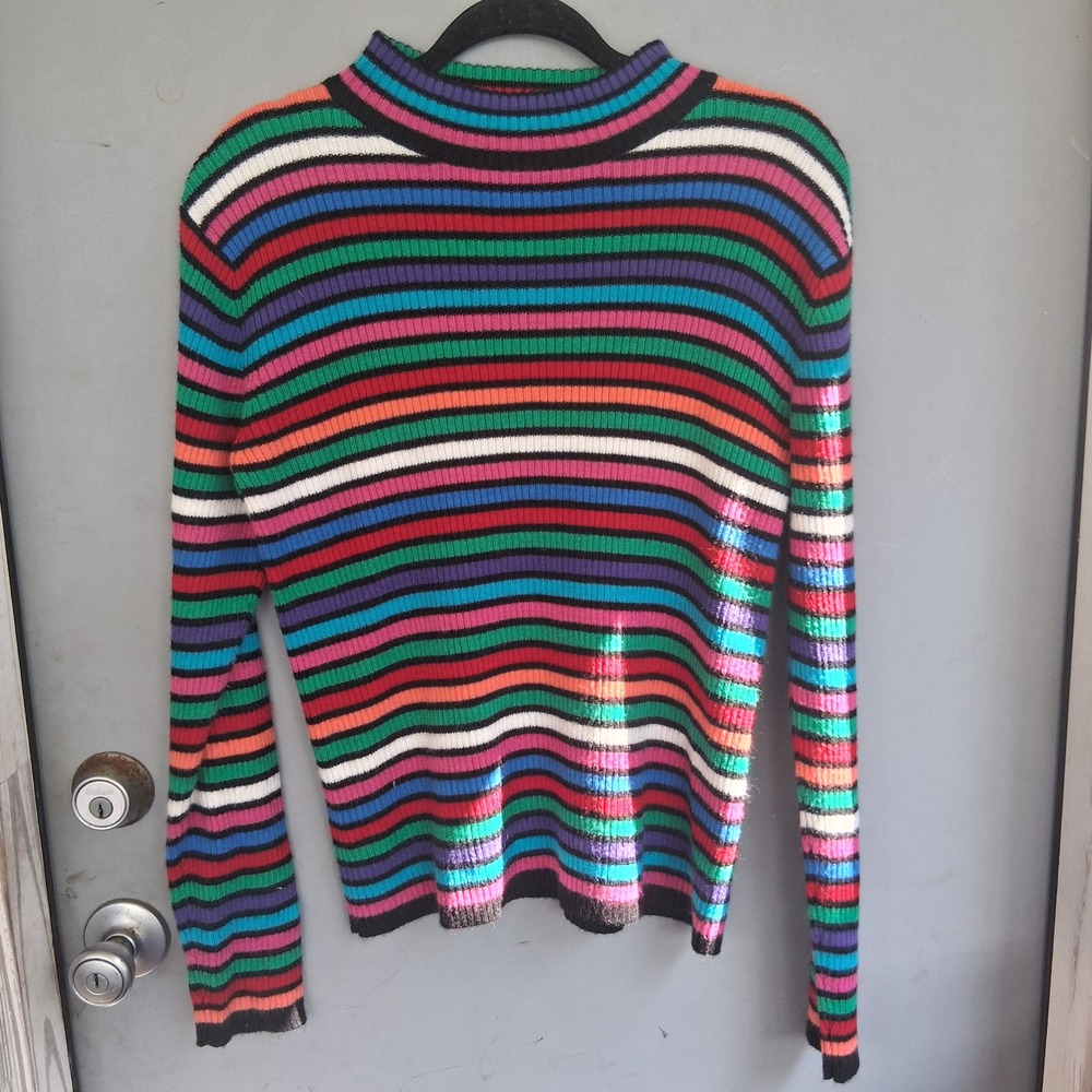 Vtg Y2K Rainbow Multi Color Striped Ribbed Mock Neck Sweater Medium